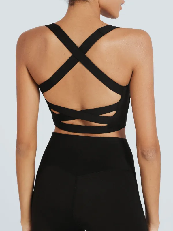 Black Strappy Open-Back Sports Bra sold by BERLOOK