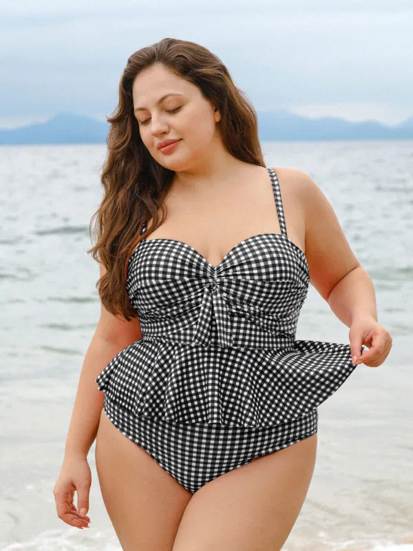 Black Plaid Plus Size Tankini Top sold by BERLOOK