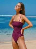 Burgundy Textured Criss-cross One-Piece Swimsuit sold by BERLOOK