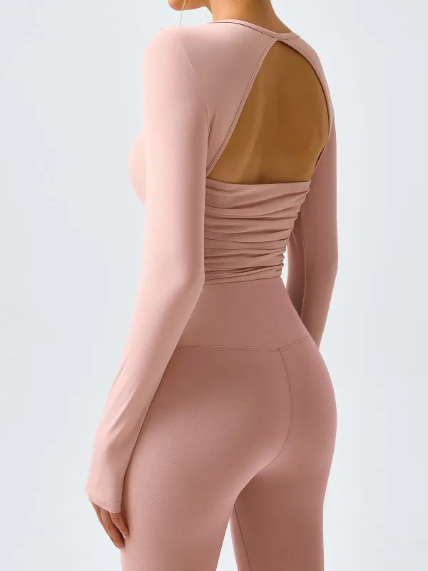 Pink Cutout Ruched Long Sleeve Top sold by BERLOOK