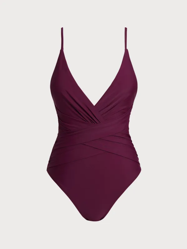 Burgundy Ruched V Neck One-Piece Swimsuit sold by BERLOOK