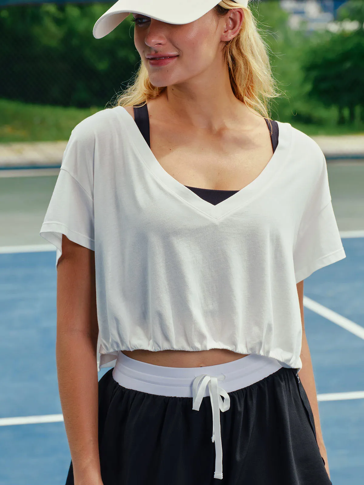 White V Neck Cotton Short Sleeved Top sold by BERLOOK