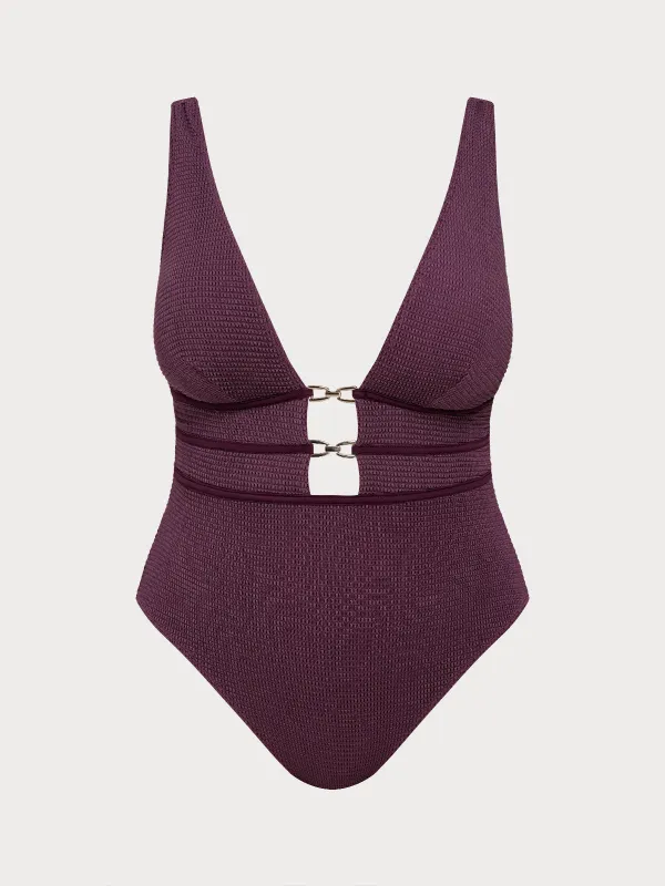 Purple Textured V Neck Plus Size One-Piece Swimsuit sold by BERLOOK