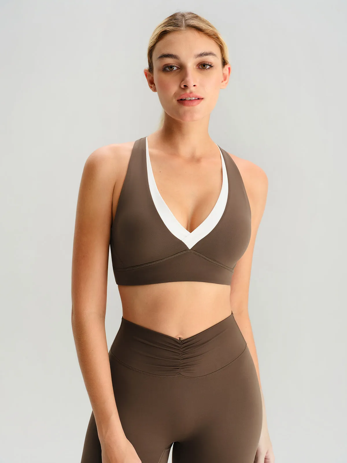 Coffee Contrast V Neck Sports Bra sold by BERLOOK