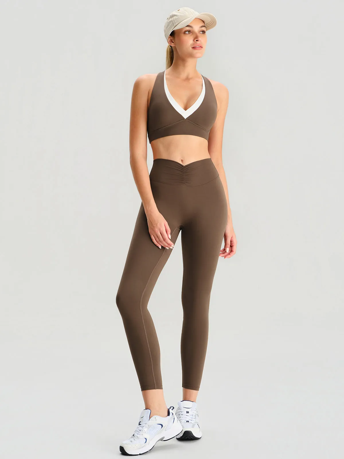 Coffee Contrast V Neck Sports Bra sold by BERLOOK product image thumbnail 5