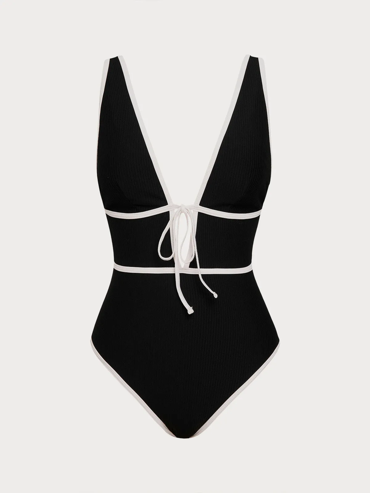 Black V Neck Tie One-Piece Swimsuit sold by BERLOOK