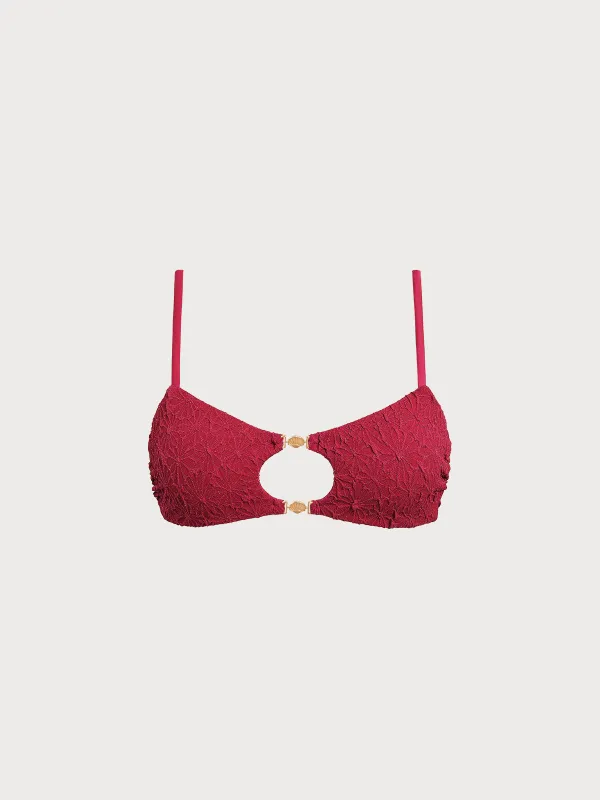 Wine Red Textured Cutout Accented Bikini Top sold by BERLOOK