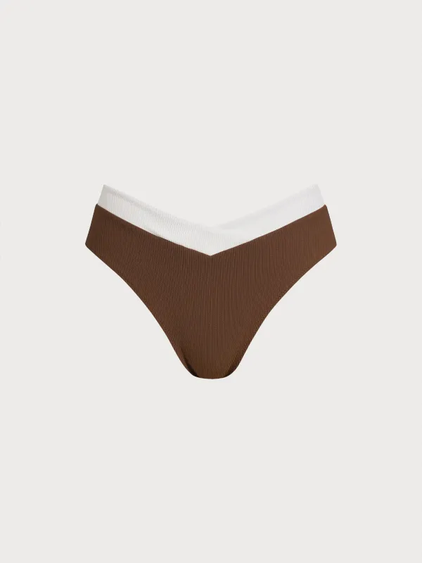 Brown Contrast Trim V-Cut Full Coverage Bikini Bottom sold by BERLOOK