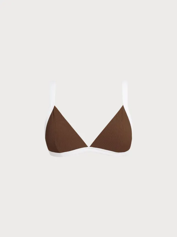 Brown Contrast Trim Triangle Bikini Top sold by BERLOOK