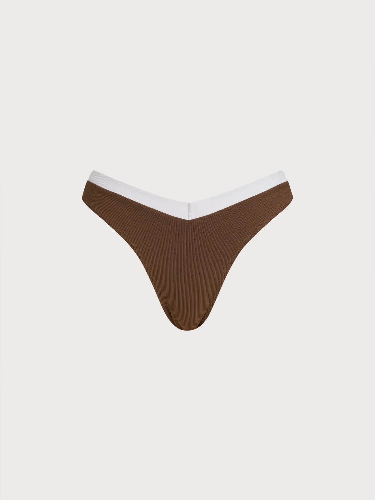 Brown Contrast Trim V-Cut Bikini Bottom sold by BERLOOK