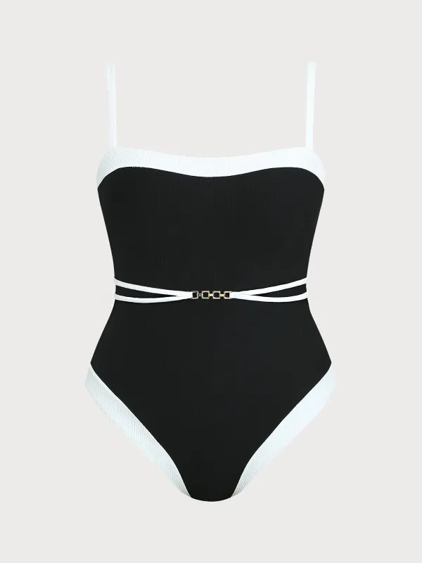 Black Contrast Gleam Plus Size One-Piece Swimsuit sold by BERLOOK
