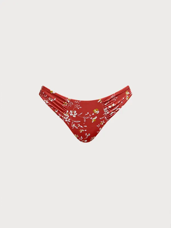 Red Floral Print Ruched Bikini Bottom sold by BERLOOK