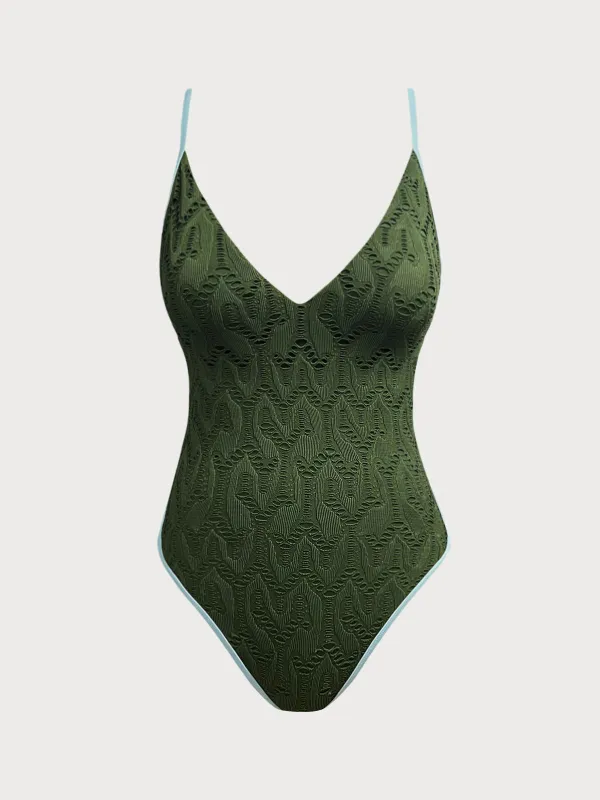 Dark Green Textured V Neck One-Piece Swimsuit sold by BERLOOK
