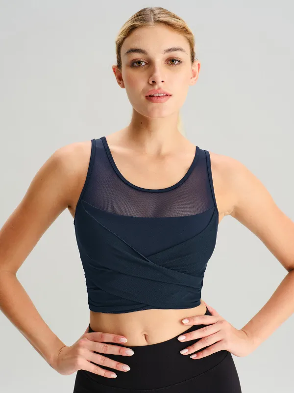 Navy Mesh Cross-Front Tank Top - Light Support sold by BERLOOK