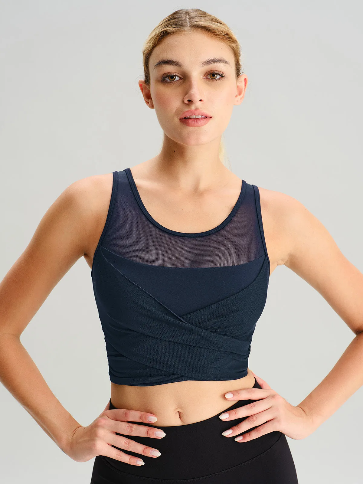 Navy Mesh Cross-Front Tank Top - Light Support sold by BERLOOK