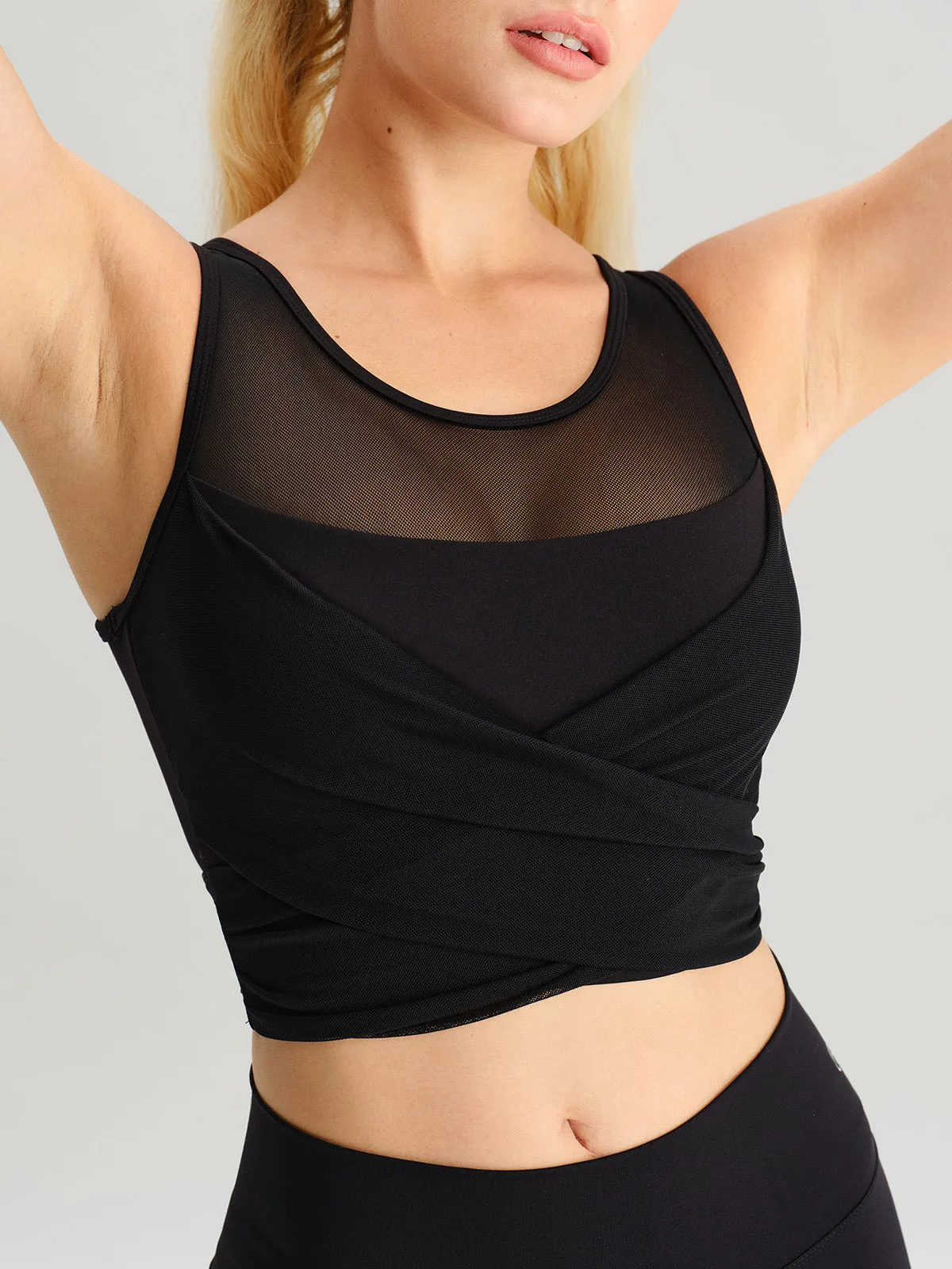 Black Mesh Cross-Front Tank Top - Light Support sold by BERLOOK