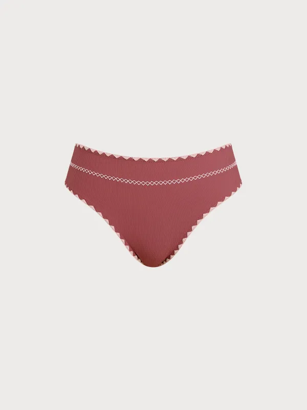 Brick Red Contrast Stitch Bikini Bottom sold by BERLOOK