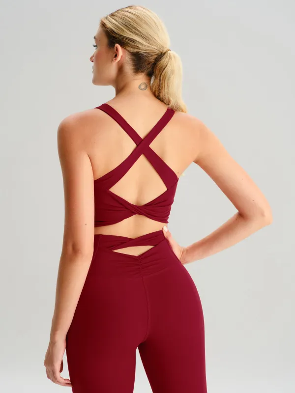 Wine Red Twist X-Cross Sports Bra - Light Support sold by BERLOOK