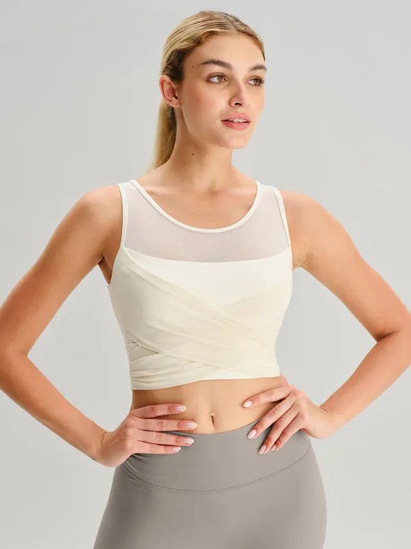 Beige Mesh Cross-Front Tank Top - Light Support sold by BERLOOK