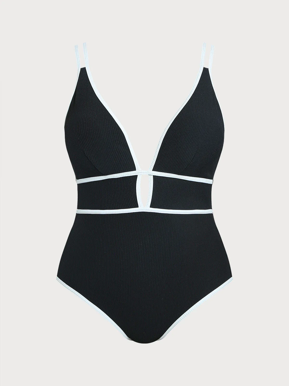 Black Contrast V Neck Plus Size One-Piece Swimsuit sold by BERLOOK