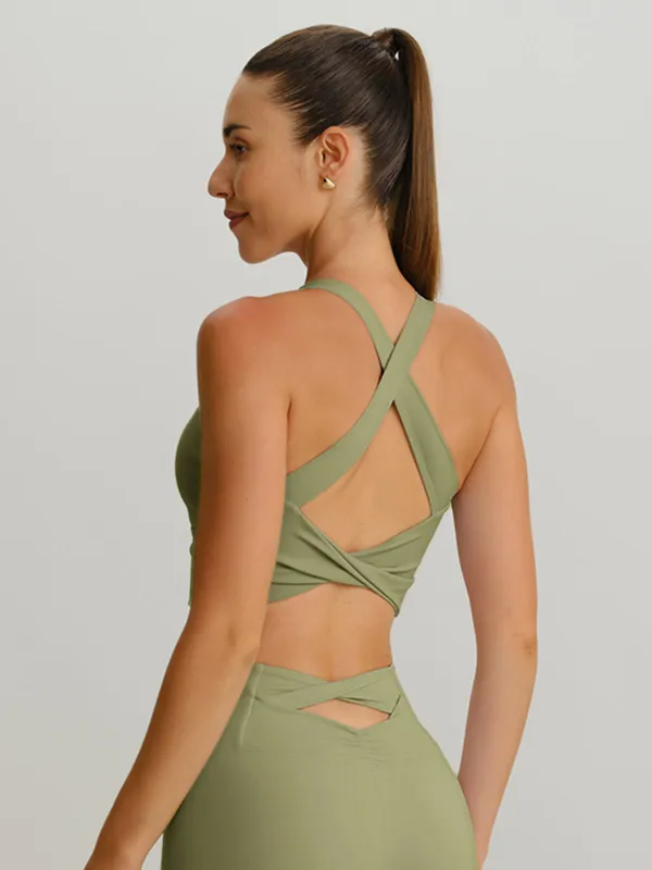 Green Gold Twist X-Cross Sports Bra - Light Support sold by BERLOOK