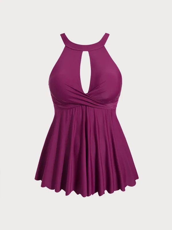Burgundy Halter Twist Front Plus Size Tankini Top sold by BERLOOK