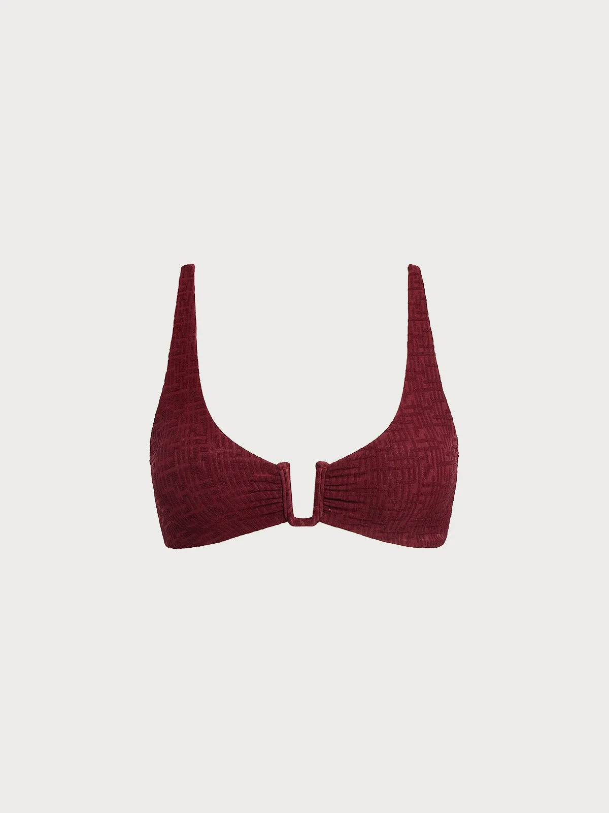 Wine Red Textured U-Ring Cross Back Bikini Top sold by BERLOOK
