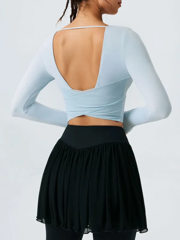 Light Blue Open-Back Cross Long Sleeve Top sold by BERLOOK