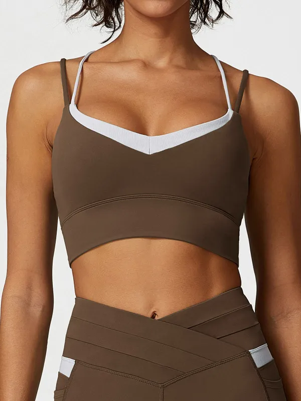 Coffee Contrast X Cross Sports Bra sold by BERLOOK