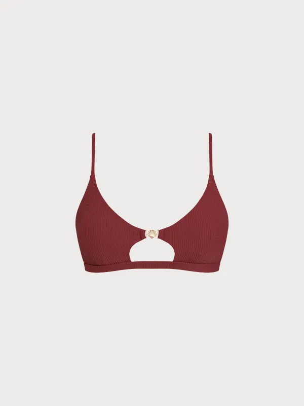 Wine Red Cutout Gold-Accented Bikini Top sold by BERLOOK