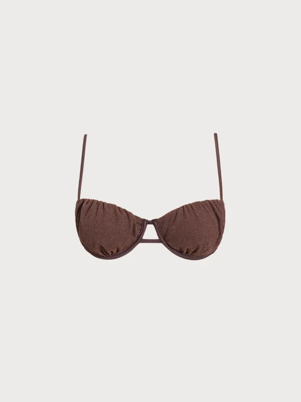 Dark Coffee Ruched Underwire Bikini Top sold by BERLOOK