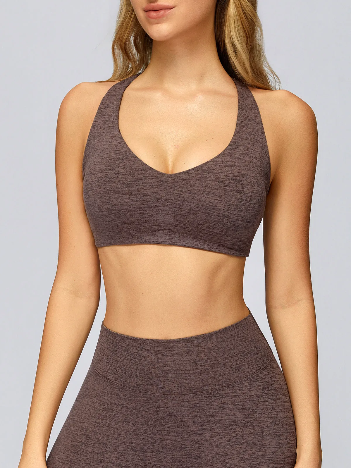 Coffee V Neck I-back Sports Bra sold by BERLOOK