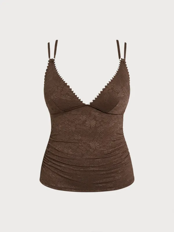 Dark Coffee Lace Ruched V-Neck Plus Size Tankini Top sold by BERLOOK