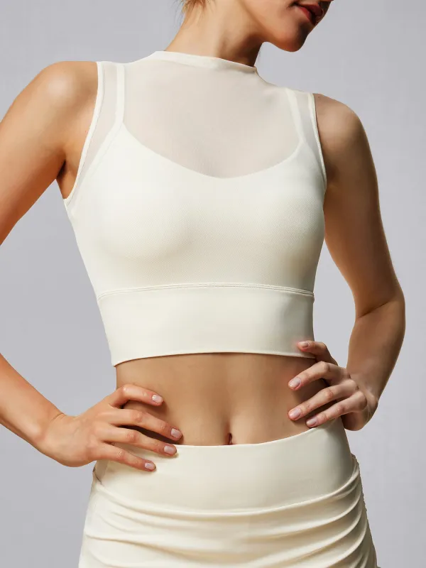 Cream Mesh Panel Mock Neck Tank Top sold by BERLOOK