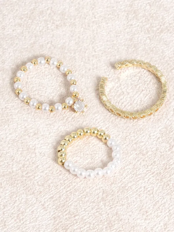 Pearl & Gold Accent 3-Piece Ring Set sold by BERLOOK