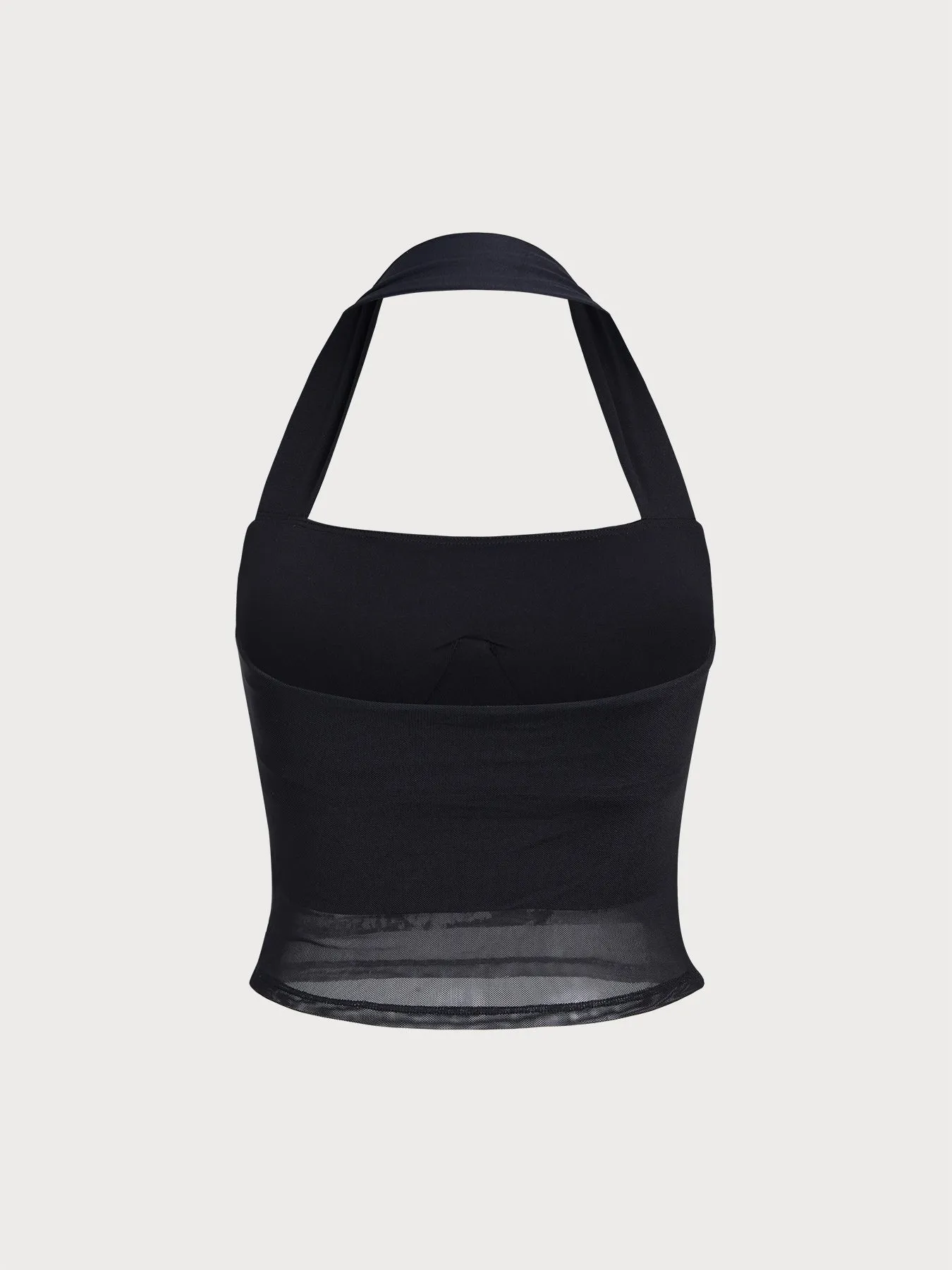 Black Halter Neck Ruched Mesh Crop Top sold by BERLOOK product image thumbnail 3