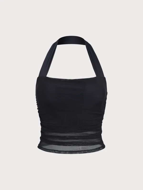 Black Halter Neck Ruched Mesh Crop Top sold by BERLOOK