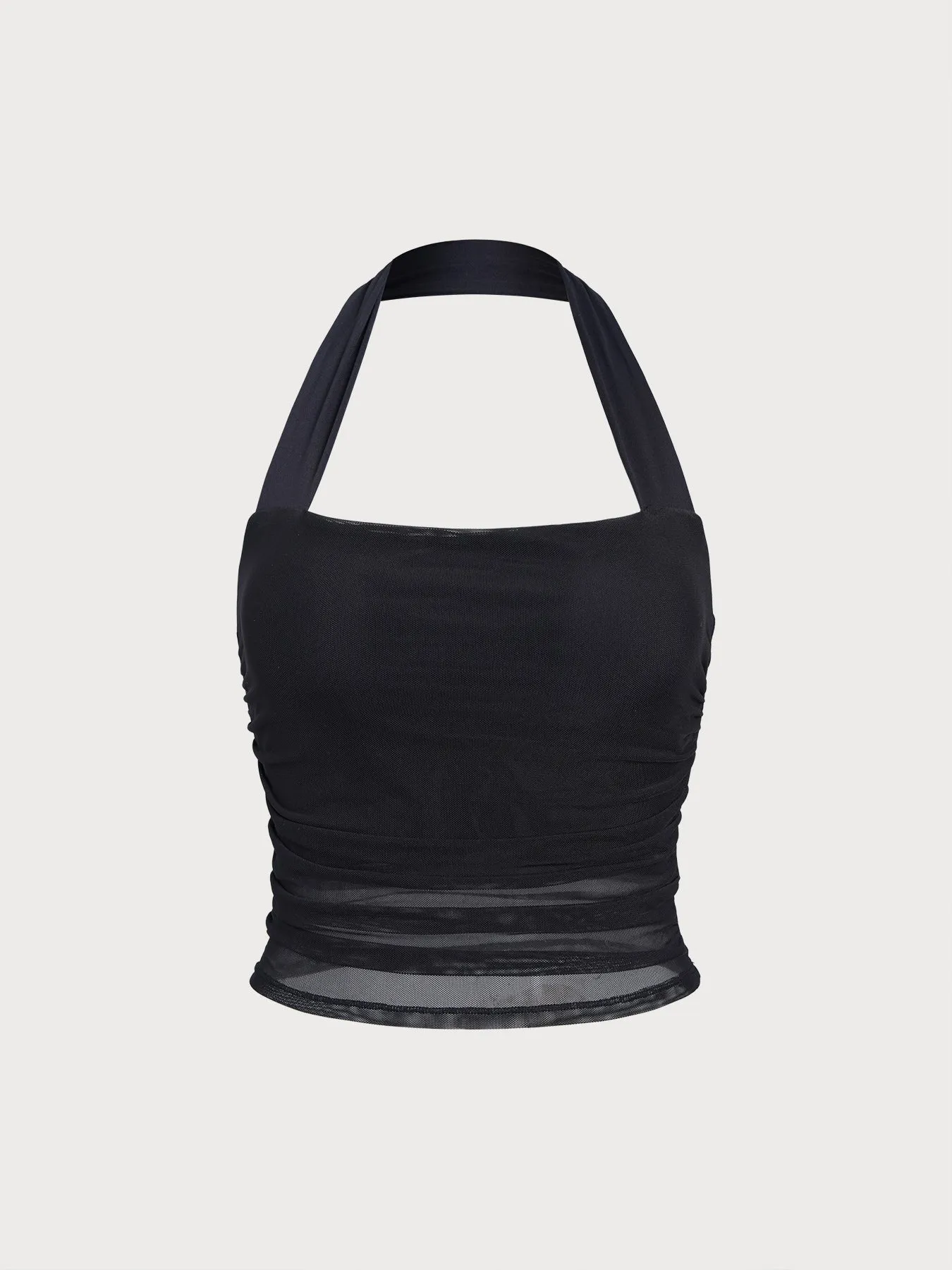 Black Halter Neck Ruched Mesh Crop Top sold by BERLOOK