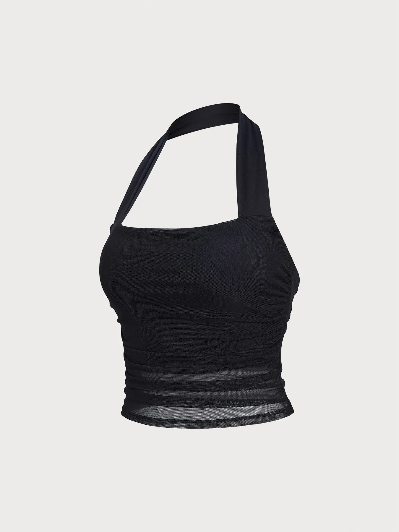 Black Halter Neck Ruched Mesh Crop Top sold by BERLOOK product image thumbnail 2