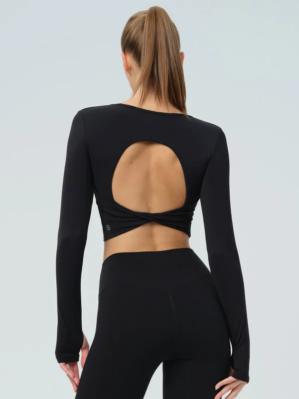 Black Twisted Back Cutout Long Sleeve Top sold by BERLOOK