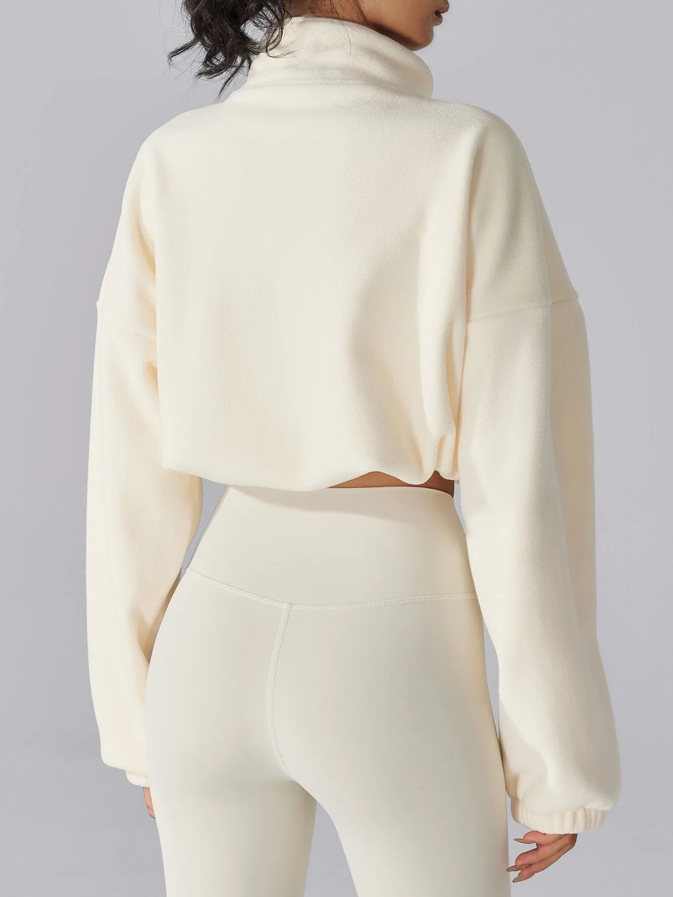 Cream Cropped Fleece Zip-Up Sports Jacket sold by BERLOOK product image thumbnail 2