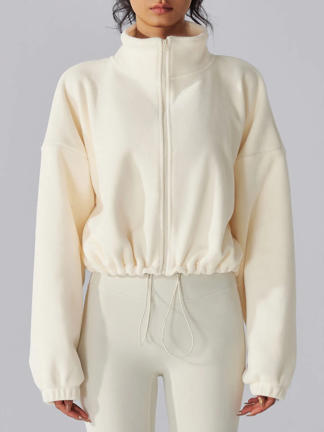 Cream Cropped Fleece Zip-Up Sports Jacket sold by BERLOOK product image thumbnail 3