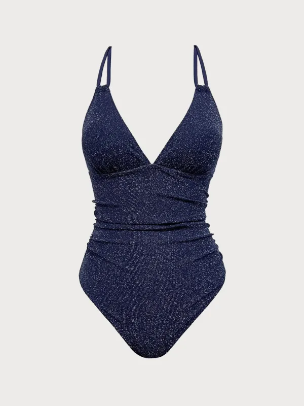 Blue Lurex V-Neck One Piece Swimwear sold by BERLOOK