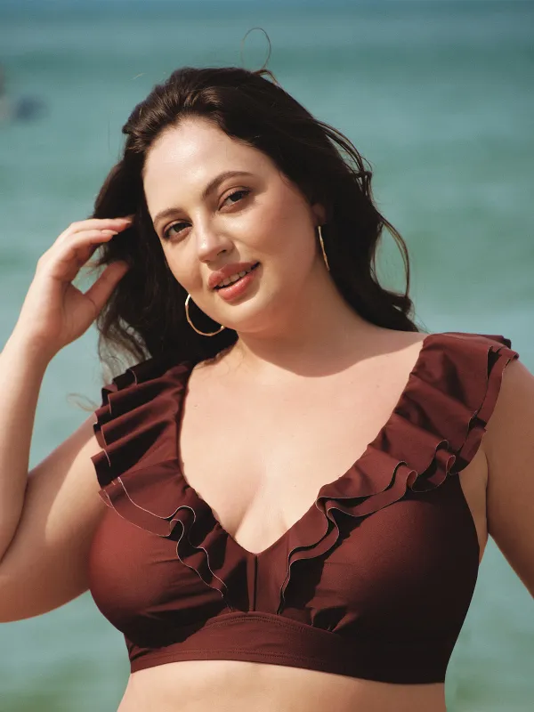 Brown Ruffled V-Neck Plus Size Bikini Top sold by BERLOOK