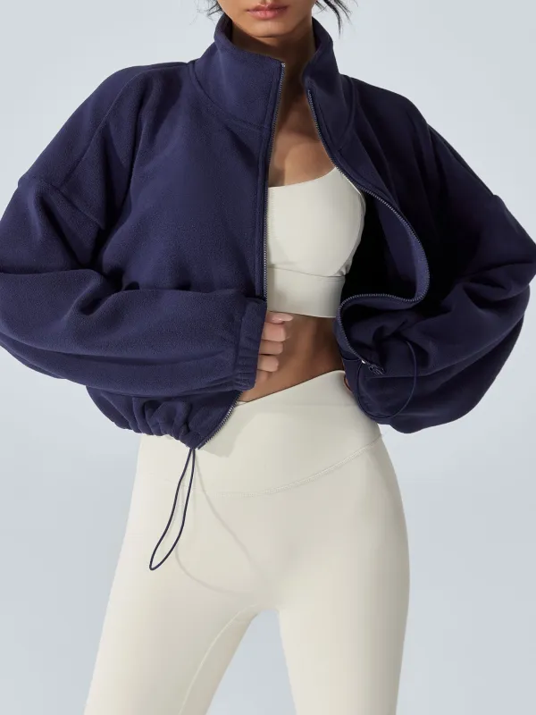 Navy Cropped Fleece Zip-Up Sports Jacket sold by BERLOOK