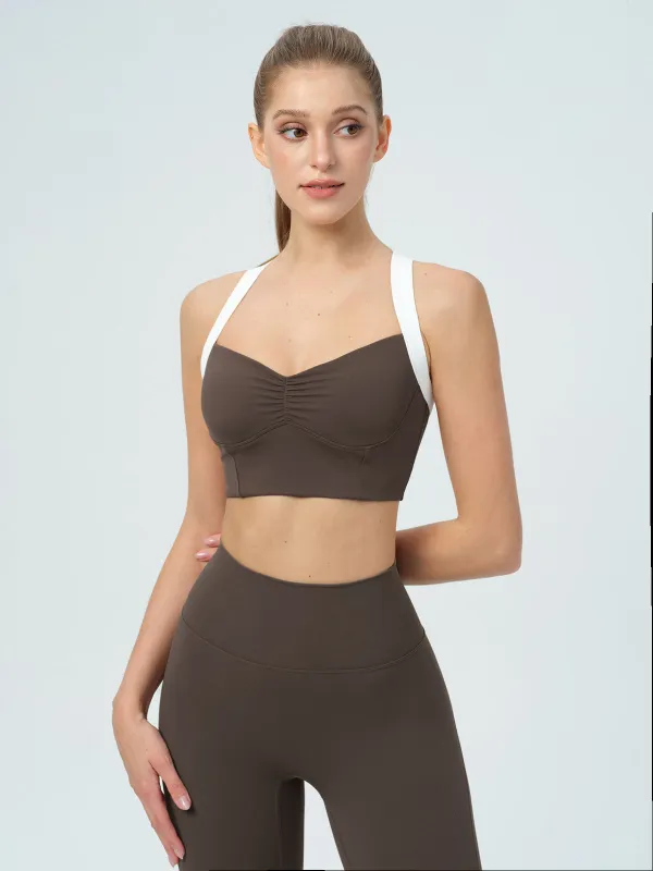 Dark Coffee Contrast Ruched Sports Bra sold by BERLOOK