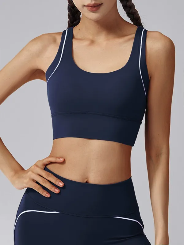 Navy Blue Trim Racerback Sports Bra sold by BERLOOK