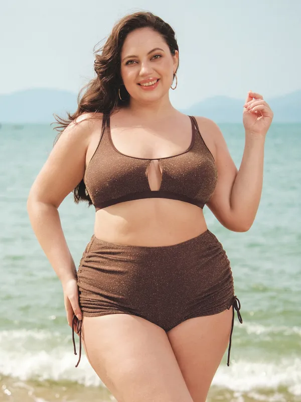 Dark Coffee Lurex Cutout Plus Size Bikini Top sold by BERLOOK