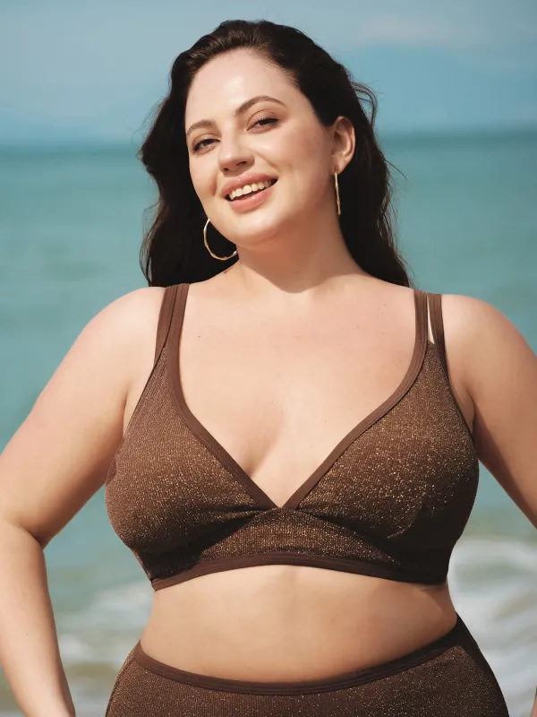 Dark Coffee Lurex Strappy Plus Size Bikini Top sold by BERLOOK