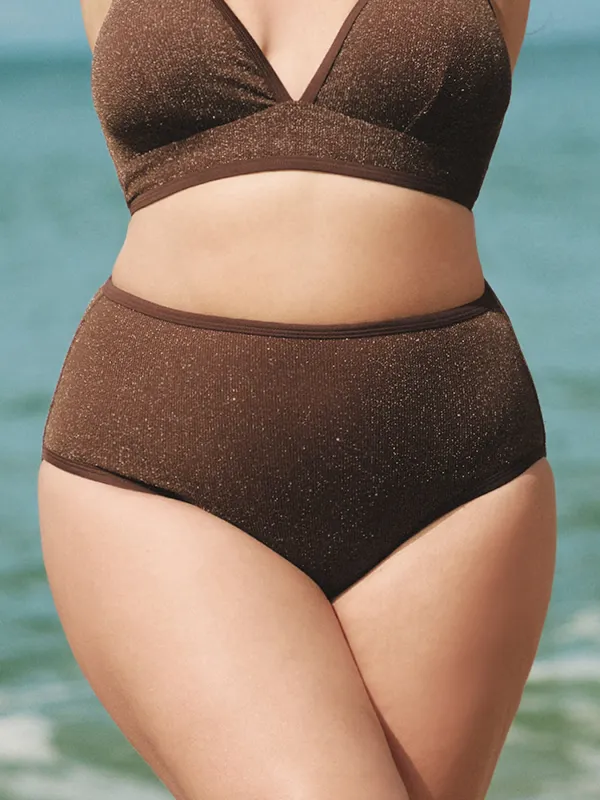 Dark Coffee Lurex Plus Size Bikini Bottom sold by BERLOOK
